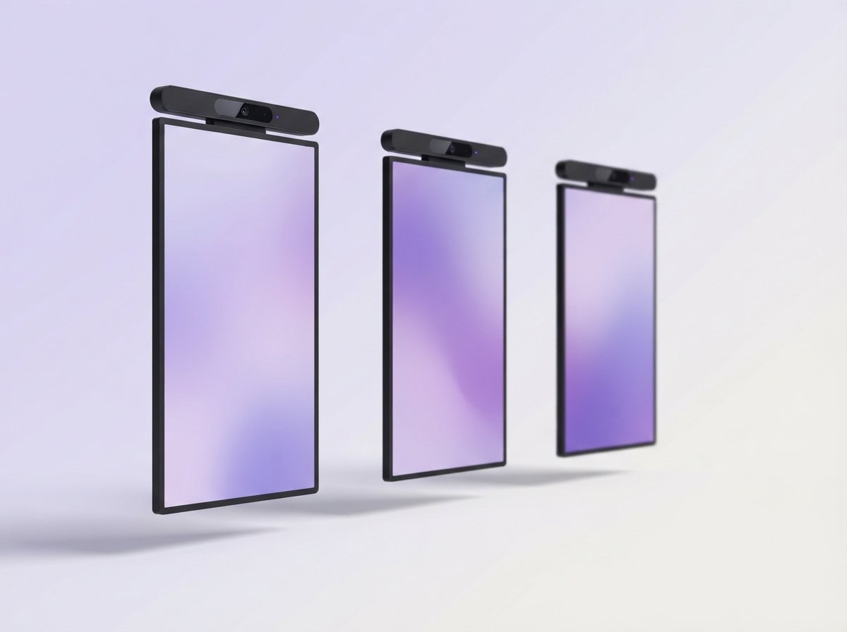 Three digital displays of different sizes, each fitted with a Purplelight AI sensor bar